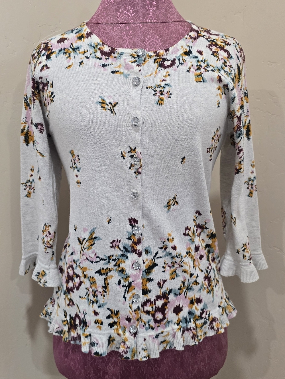 Sundance 100% Cotton Gem Buttons Floral Cardigan Womens Large Grey Ruffles